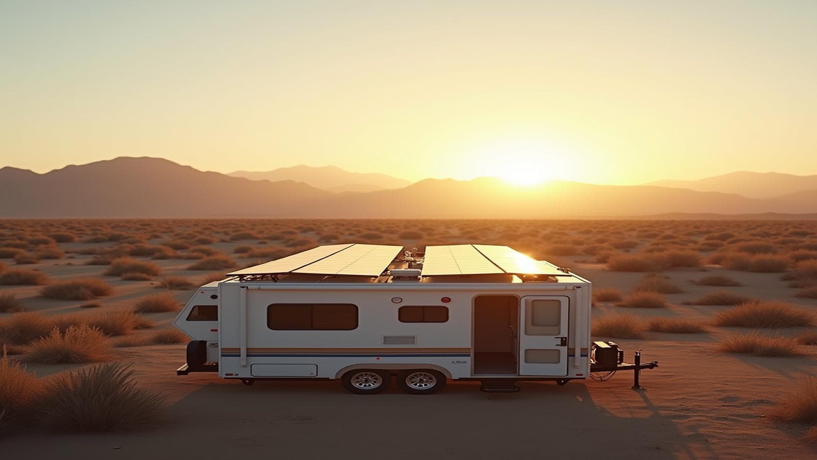 Solar panels on an RV roof in the desert